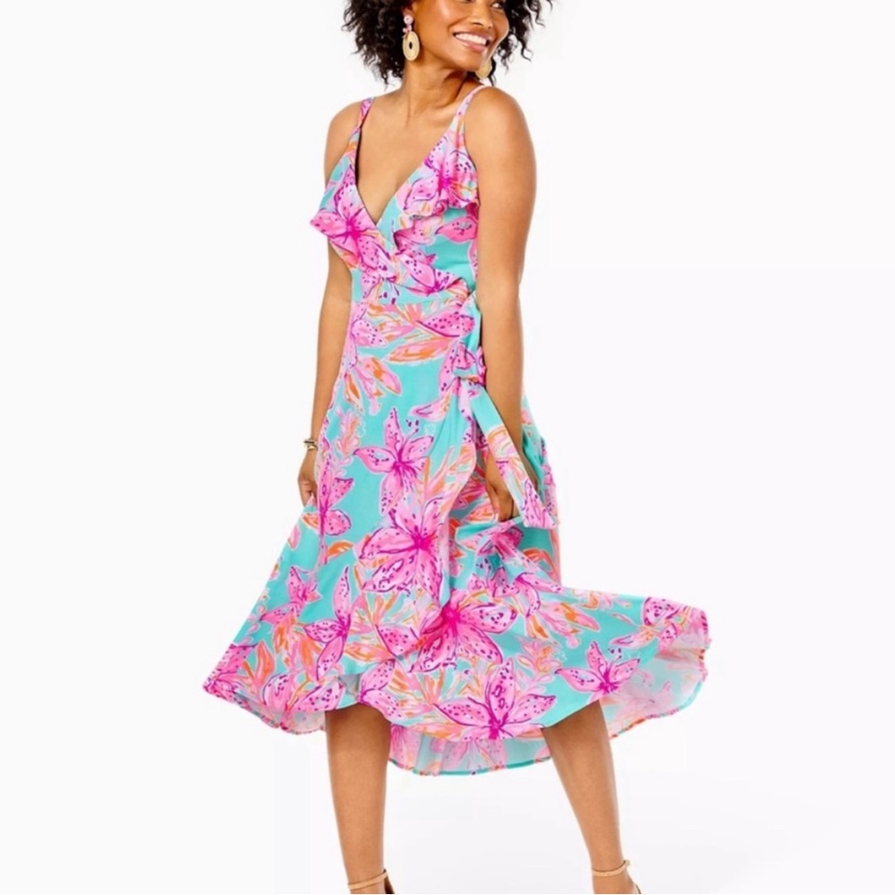 Worn once - Lilly Pulitzer Sz M Fontaine Wrap Dress - Surf Blue Bonita Blooms - Picture 2 of 11